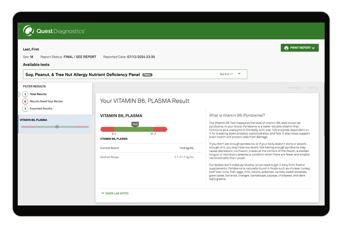 Soy, Peanut, & Tree Nut Allergy Nutrient Deficiency Test Panel image number 0